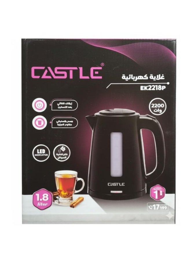 كاتيل كهربائي كاسيل بلاستيك، 1.8 لتر، 2200 وات، اسود - EK2218P
